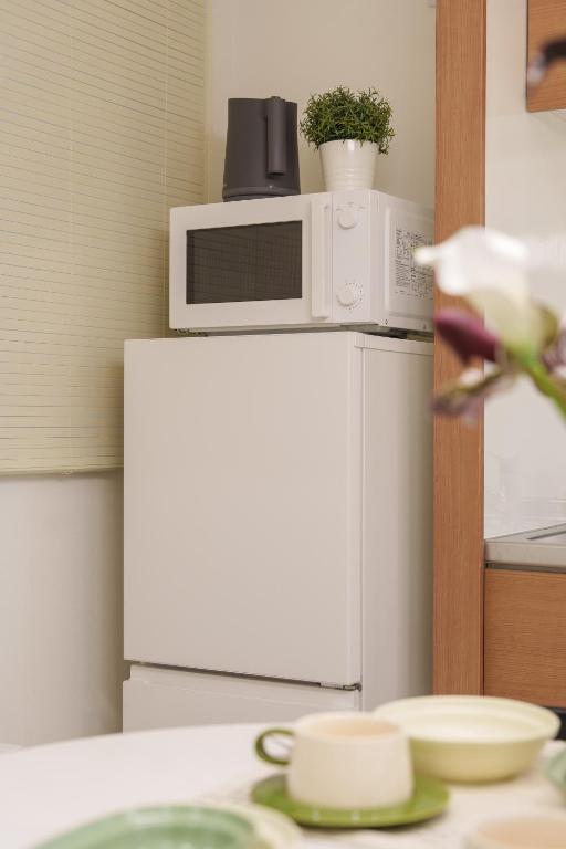 キッチンコーナー、冷蔵庫と電子レンジ